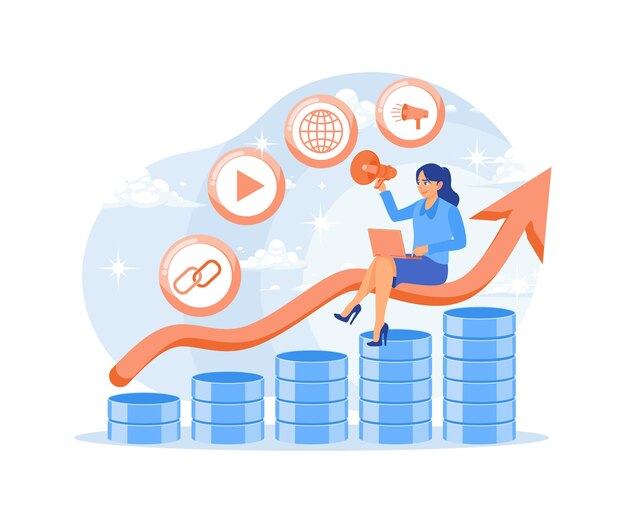 Zakelijke mensen verbeteren de marketing De vrouw nodigt klanten uit om zaken te delen Marketing Bedrijfsconcept Platte vector illustratie