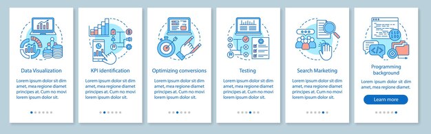 Zakelijke metrische cursussen onboarding mobiele app pagina scherm vector sjabloon. Marketing- en reclamestatistieken. Doorloop website stappen. Zakelijke niche testen. UX, UI, GUI smartphone-interface