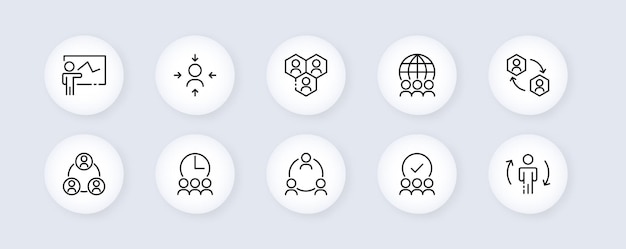 Zakelijke neomorfe lijn Icons set Communicatie debatten toespraken beoordeling sterren gloeilamp idee plan team debat samenleving uur concept communicatie Vector neomorfe lijn iconen set