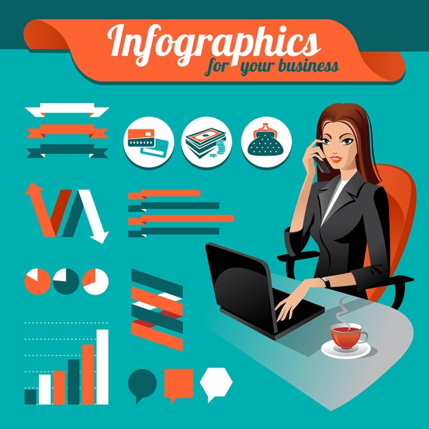 Zakelijke nfographics. reeks infographicselementen en schoonheidszakenvrouw