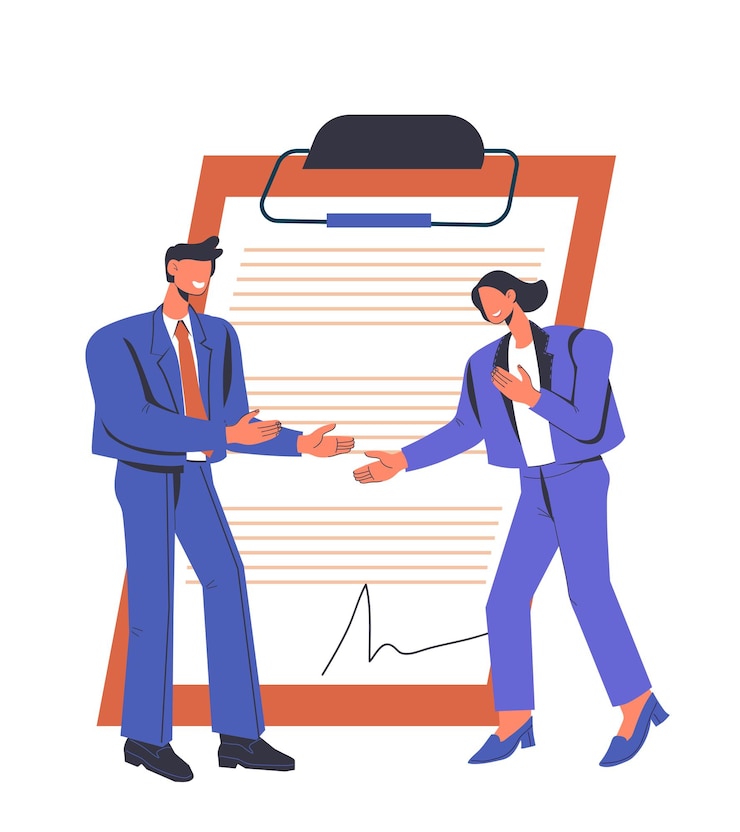 Vector zakelijke onderhandeling en contractondertekeningsconcept met kleine zakenmensen voor de contractpagina. mensen uit het bedrijfsleven ondertekenen papier, formele partnerschapsovereenkomst, platte vectorillustratie geïsoleerd.