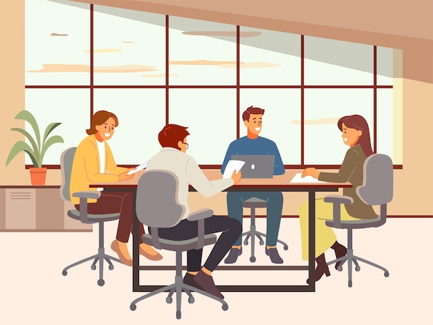 Zakelijke onderhandelingen Teamwerk op kantoor mensen in pak zitten aan tafel overeenkomst afsluiting werkvergadering Transactie discussie cartoon platte stijl geïsoleerde vector concept