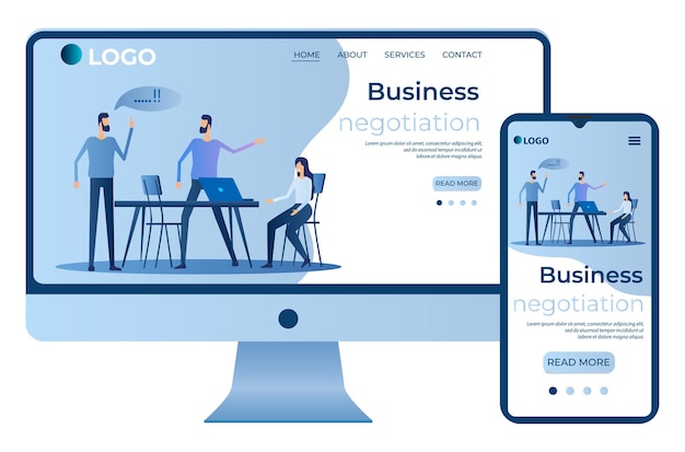 Zakelijke onderhandelingenplannen en oplossen van takenmensen aan de balie sitesjabloon bestemmingspagina concept