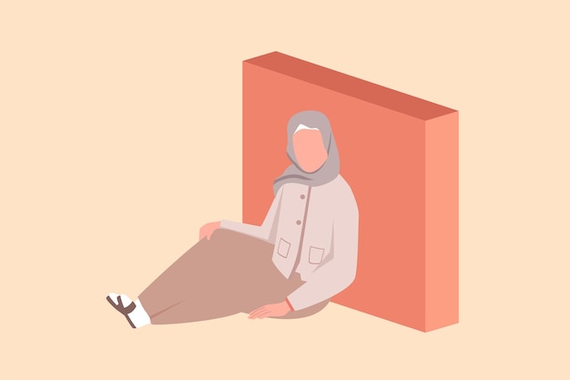 Zakelijke ontwerp tekening depressief Arabische zakenvrouw zittend in wanhoop op de vloer en leunend tegen de muur ondernemer trieste uitdrukking werknemer burn-out syndroom platte cartoon stijl vectorillustratie