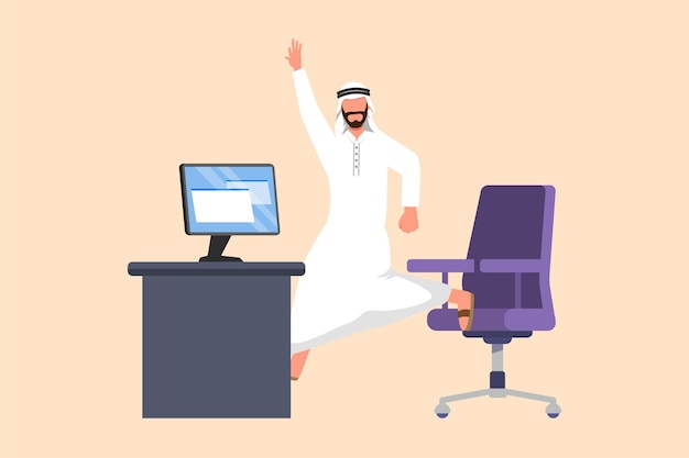 Zakelijke ontwerp tekening gelukkig Arabische zakenman springen en dansen in de buurt van Bureau werkplek mannelijke manager vieren succes van toenemende company39s product verkoop platte cartoon stijl vectorillustratie