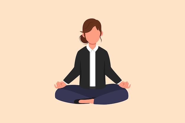 Zakelijke ontwerp tekening ontspannen zakenvrouw yoga doen en rusten van drukke werk werknemer zitten in yoga pose meditatie ontspannen kalmeren beheren stress platte cartoon stijl vectorillustratie