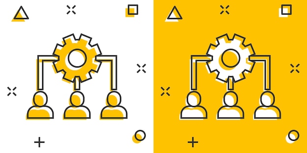 Zakelijke opleiding pictogram in komische stijl Gear met mensen cartoon vectorillustratie op witte geïsoleerde achtergrond Werknemer management splash effect concept