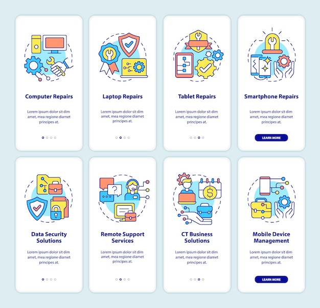 Zakelijke pc-reparatieservice onboarding mobiele app-schermset. Doorloop 4 stappen grafische instructiepagina's met lineaire concepten. UI, UX, GUI-sjabloon. Myriad Pro-Bold, reguliere lettertypen gebruikt