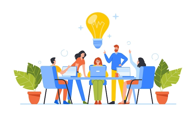 Vector zakelijke personages groep werken samen creatieve ideeën ontwikkelen ondernemers teamwerk kantoormedewerkers brainstorm