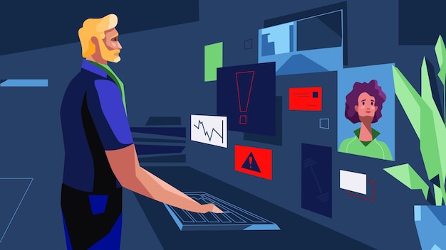 Zakelijke persoon met virtuele digitale schermen overal rond