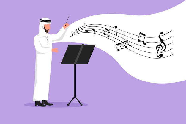 Zakelijke platte cartoon stijl tekening arabische man dirigent muzikant uitvoeren op het podium regisseren symfonieorkest klassieke muziek prestaties instrumentaal ensemble grafisch ontwerp vectorillustratie