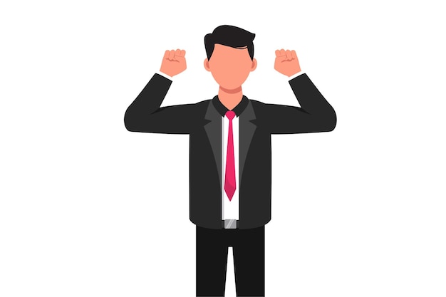 Zakelijke platte cartoon stijl tekening van zakenman toont twee biceps of vuist mannelijke manager toont sterke overwinning overwinning gebaar macht succes en positieve emoties grafisch ontwerp vectorillustratie