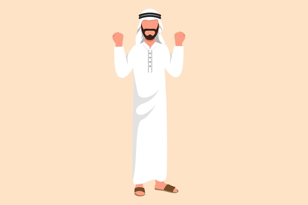 Zakelijke platte tekening gelukkig Arabische zakenman permanent met beide handen en ja gebaar Kantoormedewerker vieren succes verwezenlijking van bedrijf zakelijke projectdoelen Cartoon ontwerp vectorillustratie