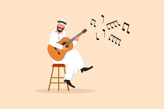 Zakelijke platte tekening jonge Arabische man teken zitten en spelen akoestische gitaar Arabische man snaren spelen op muzikale prestaties professionele muzikant Cartoon tekenen ontwerp vectorillustratie