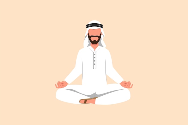 Zakelijke platte tekening ontspannen Arabische zakenman doen yoga en rusten van drukke werk mannelijke kantoormedewerker zitten in yoga pose meditatie ontspannen beheren stress Cartoon ontwerp vectorillustratie