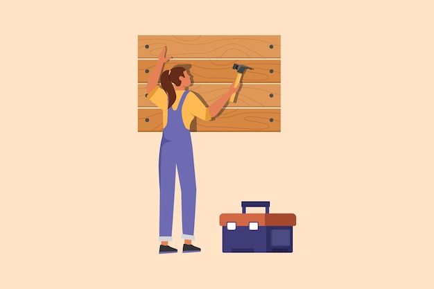 Vector zakelijke platte tekening professionele werknemer in overalls hameren muur nagel in hout schoonheid repairwoman werk thuis bouw en reparatie werk diensten cartoon ontwerp vectorillustratie