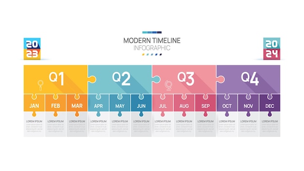 Zakelijke routekaart tijdlijn infographic jigsaw sjabloon Moderne mijlpaal element tijdlijn diagram kalender en 4 kwartaal onderwerpen Kan gebruikt worden voor vector infographics digitale marketing data presentaties
