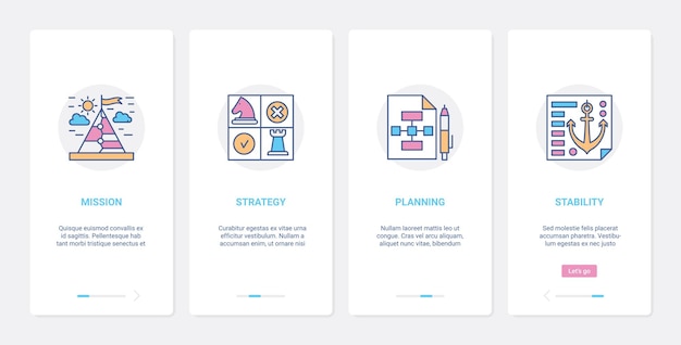 Zakelijke succes strategie lijn concept UX, UI onboarding mobiele app pagina scherm ingesteld