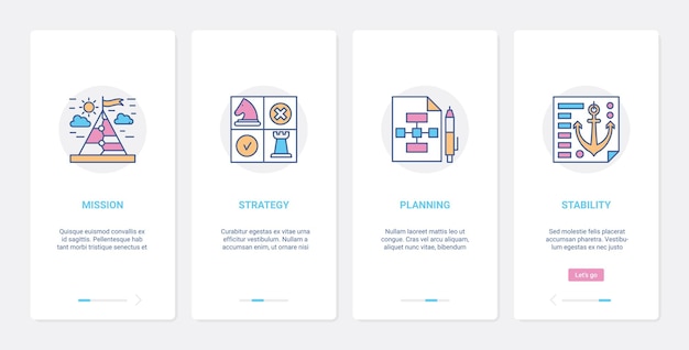 Zakelijke succes strategie lijn concept ux, ui onboarding mobiele app pagina scherm ingesteld