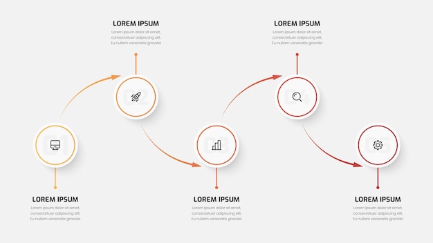 Zakelijke tijdlijn infographic presentatie met pijl verloop kleur cirkel label 5 optie en pictogram