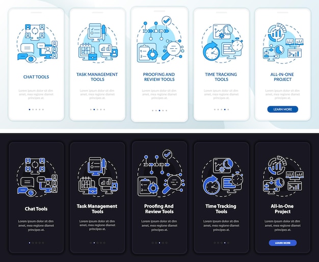 Zakelijke tools typen nacht- en dagmodus onboarding mobiele app-scherm