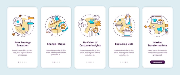 Zakelijke uitdagingen onboarding mobiele app-paginascherm met concepten