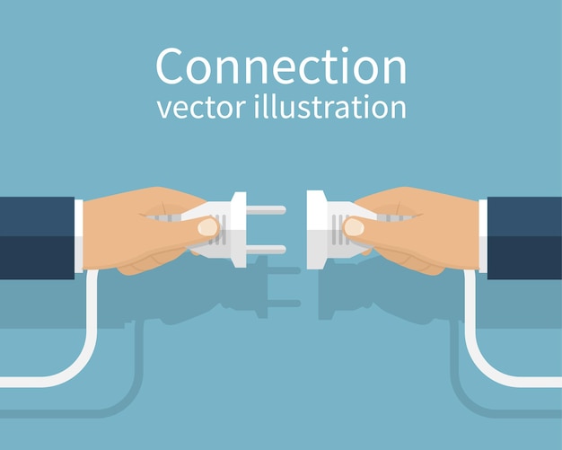 Vector zakelijke verbinding concept partnerschap vector illustratie plat ontwerp zakenlieden aansluiten houden stekker en stopcontact in de hand geïsoleerd op achtergrond samenwerking interaction