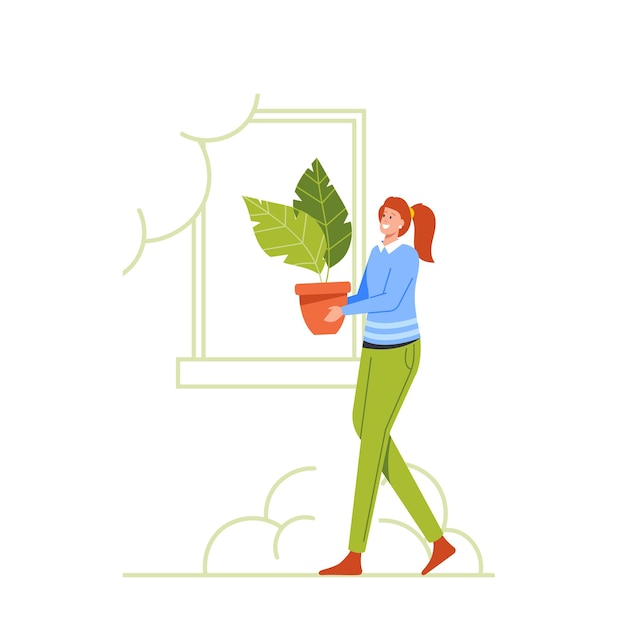 Zakelijke vrouw karakter dragen groene potplant manager werken in moderne kantoor met biofiel ontwerp eco vriendelijke omgeving met planten eco-technologieën voor werk cartoon vectorillustratie