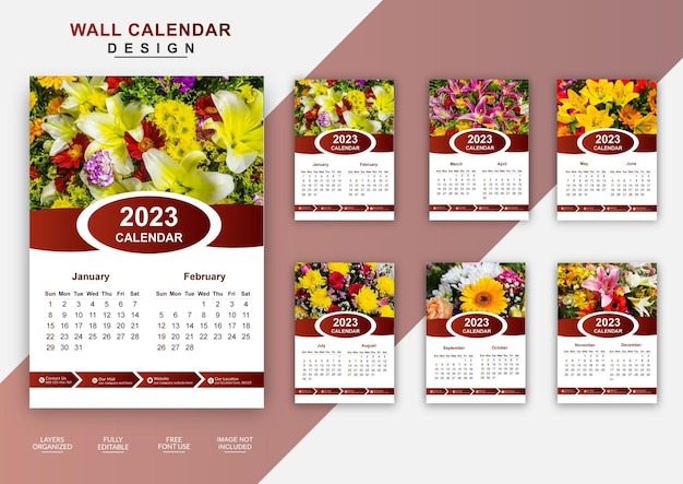 Zakelijke wandkalender met 6 pagina's 2023 voor bewerkbare ontwerpsjabloon