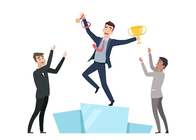 Zakelijke winnaar. Man wint competitie, manager met gouden medaille en trofee op voetstuk. Klappen aan collega vector concept. Illustratie winnaar competitie, prestatie en succes