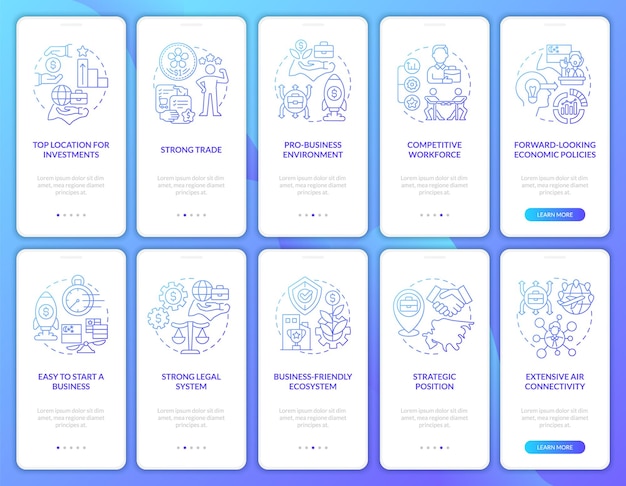 Zakendoen in Azië blauwe gradiënt onboarding mobiele app schermset Walkthrough 5 stappen grafische instructiepagina's met lineaire concepten UI UX GUI-sjabloon Myriad ProBold Regelmatige gebruikte lettertypen