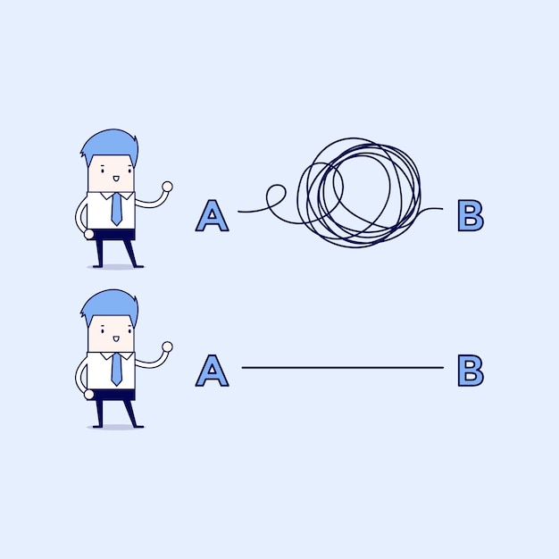 Zakenlieden de ene met duidelijke plannen de andere met chaotische plannen Cartoon karakter dunne lijn stijl vector