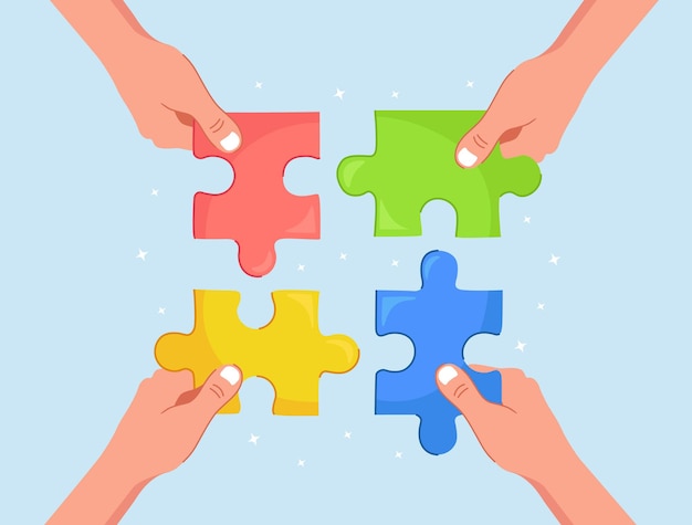 Zakenlieden houden de puzzelstukjes in handen en verbinden deze.