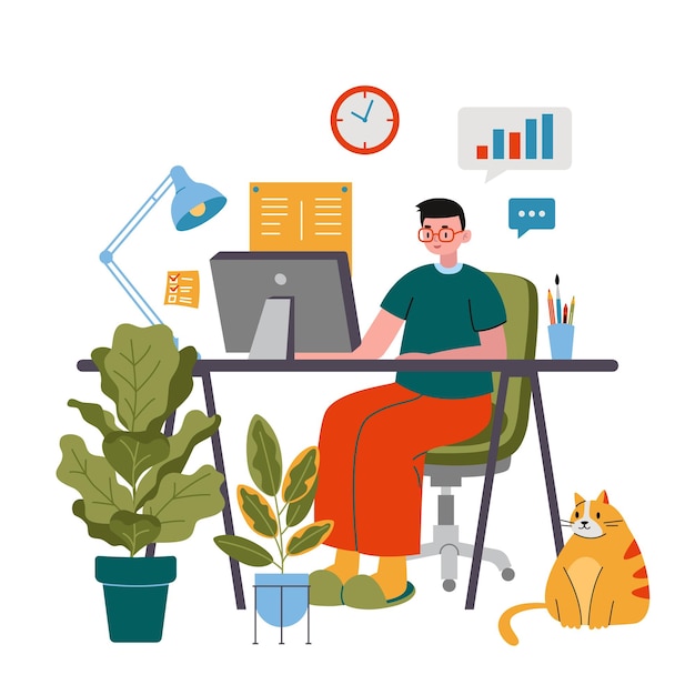 Zakenman aan het werk op de computer aan het bureau schattig gezellig thuiswerkplek cartoon stijl Online carrière zelfstandige concept Trendy modern vector illustratie plat ontwerp