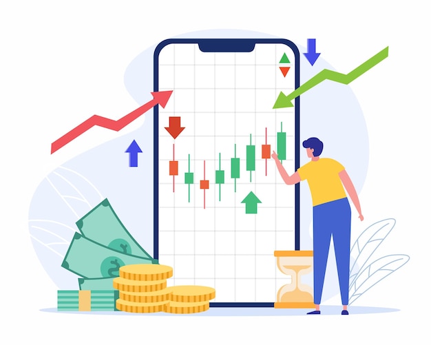 zakenman analyse aandelenmarkt op mobiele telefoon keuze kopen of verkopen aandelenmarkt