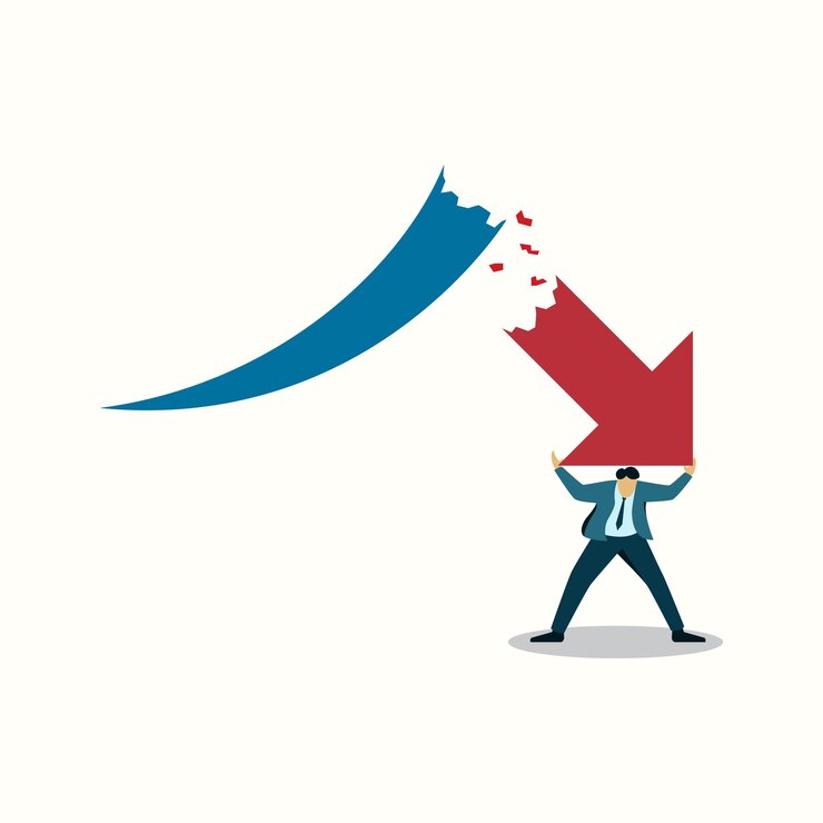 Vector zakenman beurscrash naar beneden winst financiën concept gebroken pijl