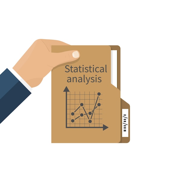 Zakenman die map in de hand houdt met documenten statistische analyse vector illustratie van een flat