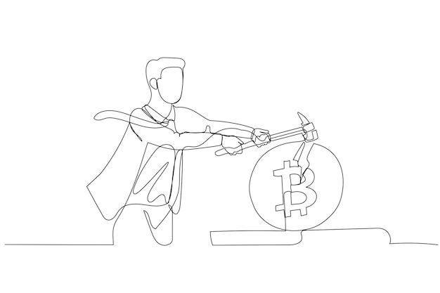Zakenman die met hamer bitcoinmuntstuk verpletteren Concept ondergang van cryptocurrency