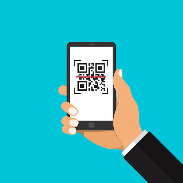 Zakenman die slimme telefoon houden en qr-code aftasten