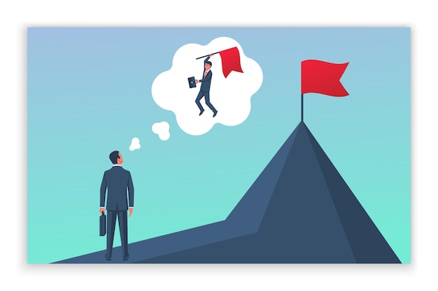 Zakenman droomt van het bereiken van doel. menselijke greep rode vlag op de top van de berg. bedrijfsconcept. geniet van de overwinning. prestaties in het werk. vector illustratie plat ontwerp. geïsoleerd op een witte achtergrond.