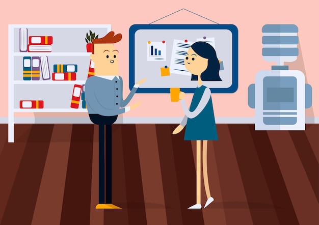 Vector zakenman en vrouw bespreken presentatie voorkant van een bord. kleur cartoon vectorillustratie
