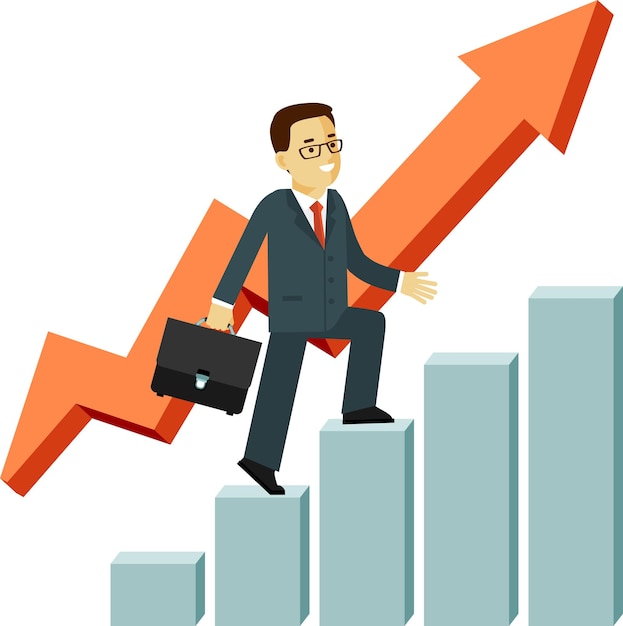 Zakenman gaat op succes verhogen staafdiagram