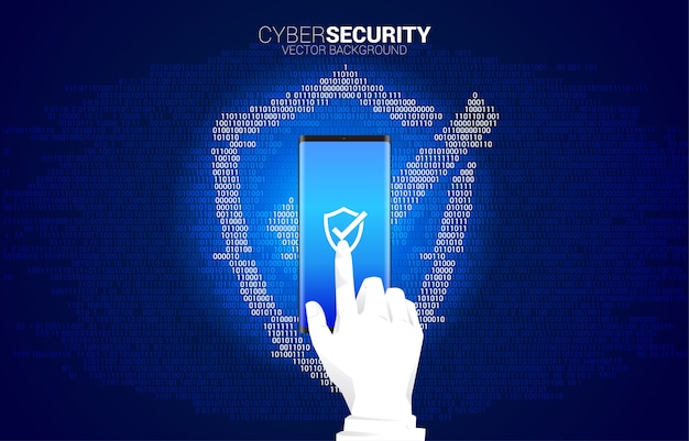 Zakenman hand klik op mobiele telefoon met pictogram van het schild van bescherming uit één en nul binaire code cijfer matrixstijl. concept van bewakingsbeveiliging en veiligheid