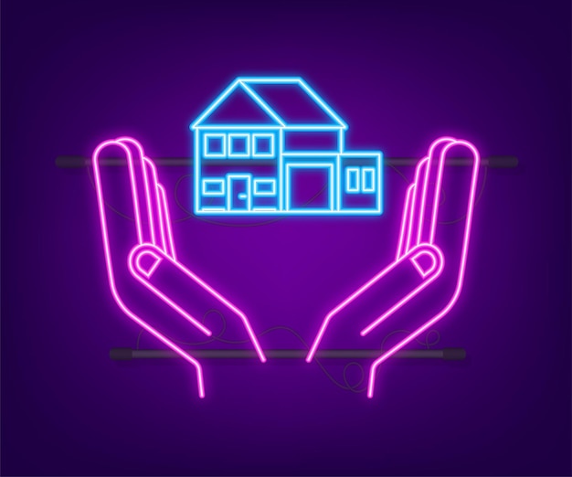 Zakenman hand met een huis neon pictogram home verhuur onroerend goed onroerend goed concept