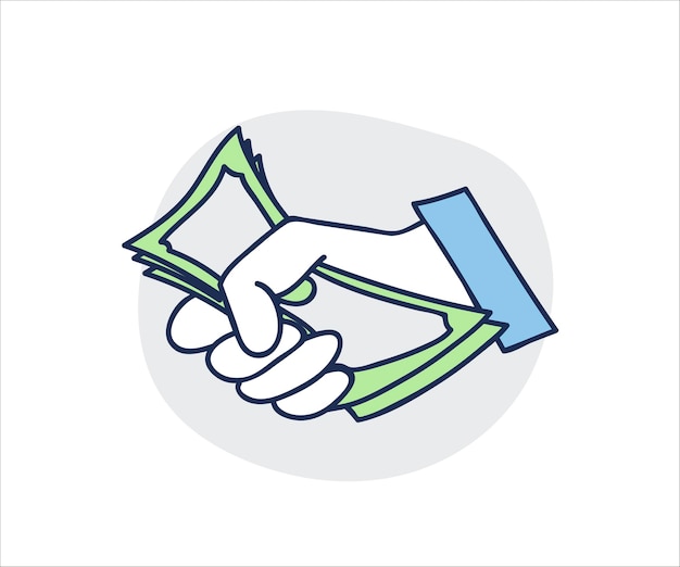 Zakenman hand met geld pictogram Kopen concept doodle illustratie Vector hand met dollarbiljetten