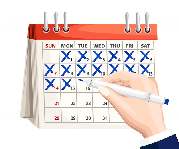 Zakenman hand met pen mark kalender. Kalender met blauw teken. Planning concept. illustratie op witte achtergrond