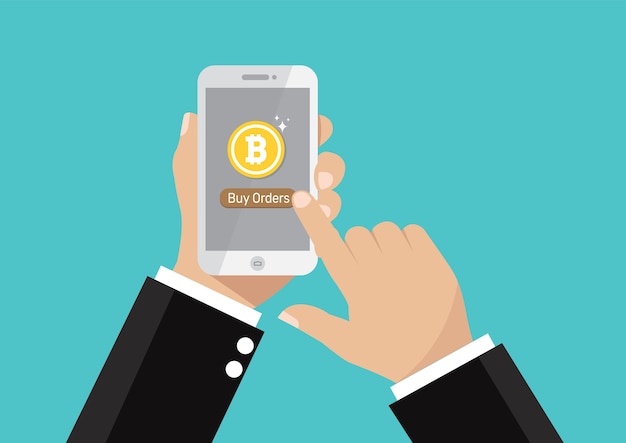 Zakenman hand met smartphone voor kopen Bitcoins.