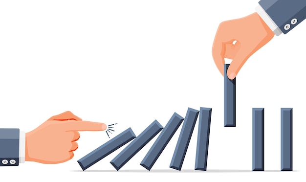 Zakenman hand stoppen domino-effect.