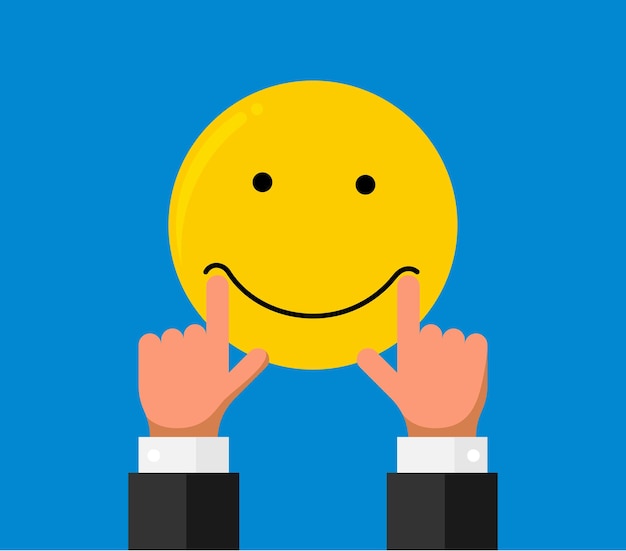 Zakenman hand vinger stretch trek op mond lippen op smiley emoji glimlach emotie op blauwe achtergrond. Online feedback reputatie kwaliteit klantbeoordeling concept platte stijl. Vector illustratie EPS