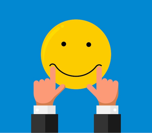 Zakenman hand vinger stretch trek op mond lippen op smiley emoji glimlach emotie op blauwe achtergrond. online feedback reputatie kwaliteit klantbeoordeling concept platte stijl. vector illustratie eps